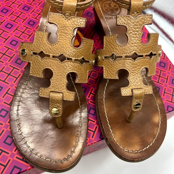Tory Burch Logo Chandler Wedge Sandals Brown Tan Size 8 - Picture 7 of 9